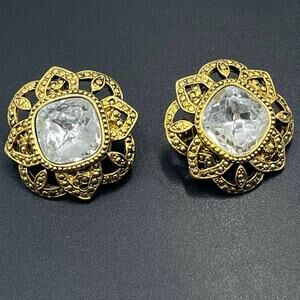 Avon Signed Palace Collections Crystals Antique Filigree Victorian Clip Earrings